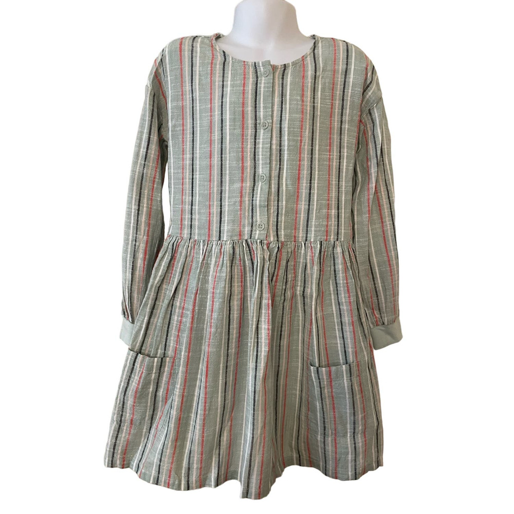 Open Edit Girls 6 Green Striped Long Sleeve Dress